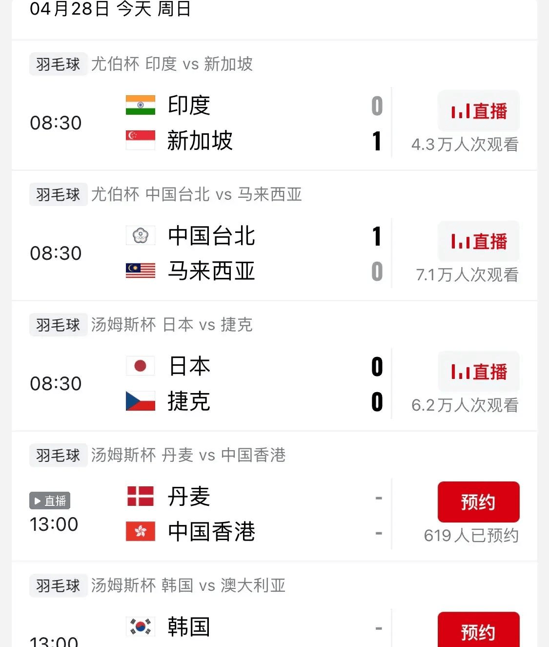 中央5台直播羽毛球时间表：今日中国队汤尤杯羽毛球赛直播在哪看